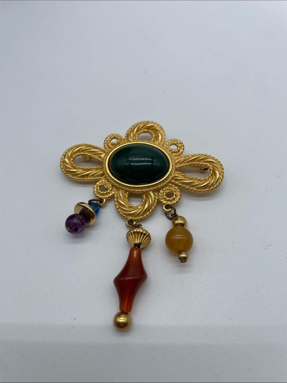 JJ Jonette Gold-Tone Brooch with Green Cabochon and Multicolor Bead Drops